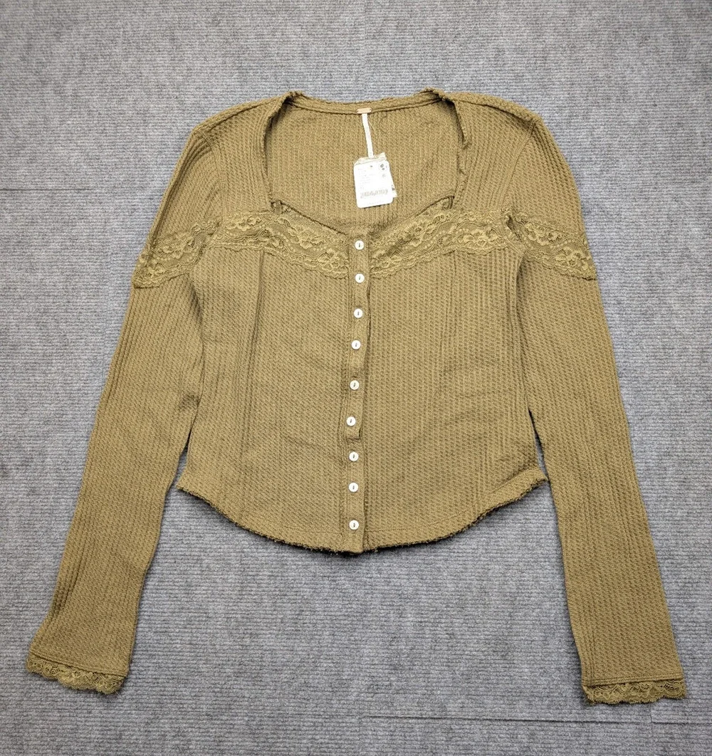 Free People Lets Party Cardi Womens Medium Waffle Thermal Boho Cottage Y2K Top